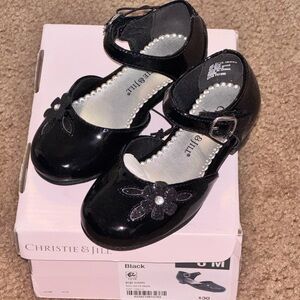 Christie & Jill Black Kids Dress Shoes with Floral Accent